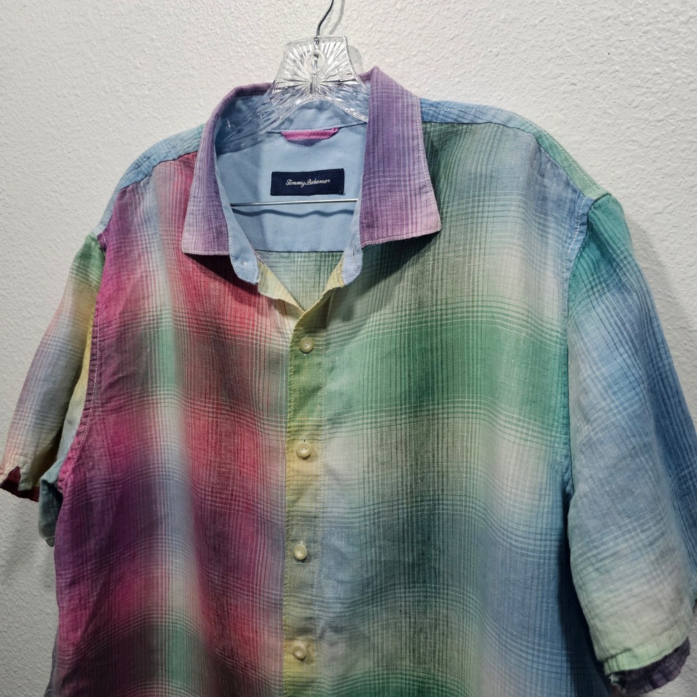 Tommy Bahama Mens XL 100% Linen Multicolor Plaid Short Sleeve Button Down Shirt